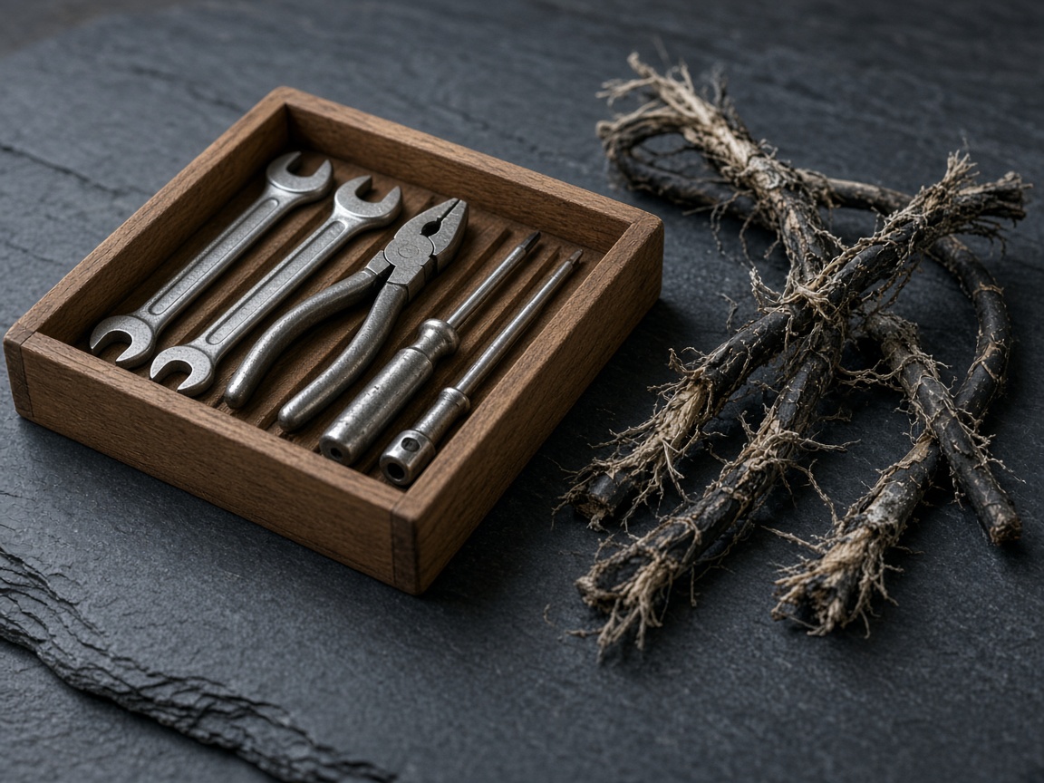 A closer view of a tidy tool roll next to a frayed cable