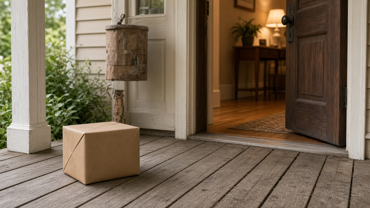 A small plain wrapped box with no label beside an open doorway