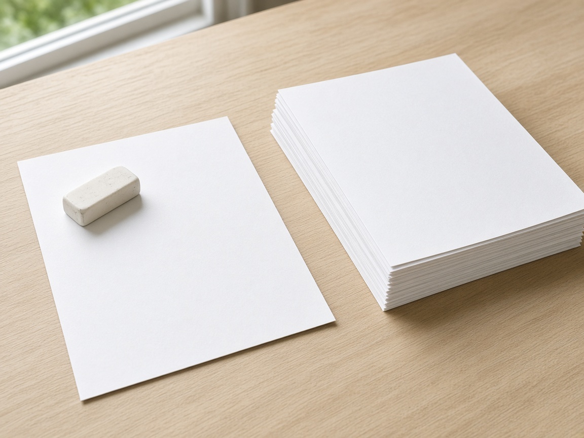 A closer view of an eraser on a sheet next to a blank stack