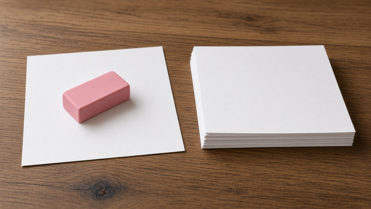 An eraser resting on one sheet beside a fresh stack of blank paper