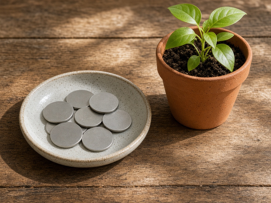 A closer view of coins next to a small plant