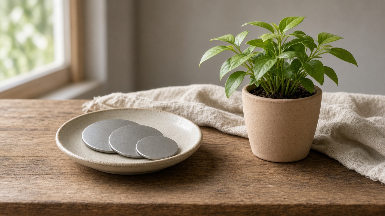 A small dish of coins beside a green plant