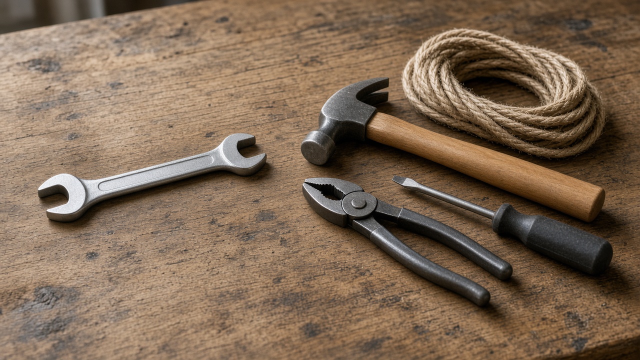 One hand tool beside a row of different unlabeled tools