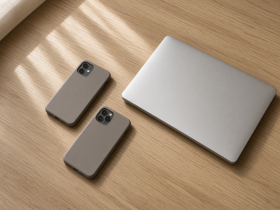 A closer view of phones lying face down next to a shut laptop