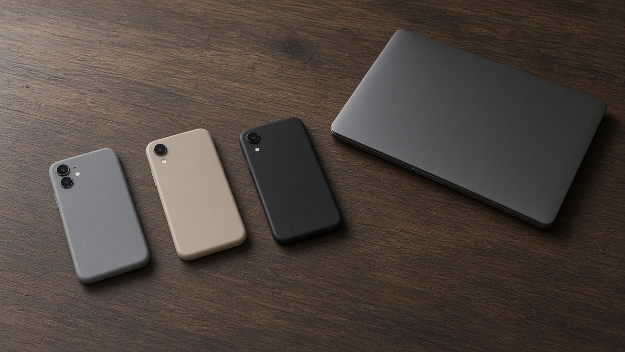 Face-down phones beside a closed laptop on a table