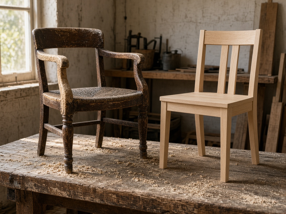 A closer view of an old chair next to a new chair