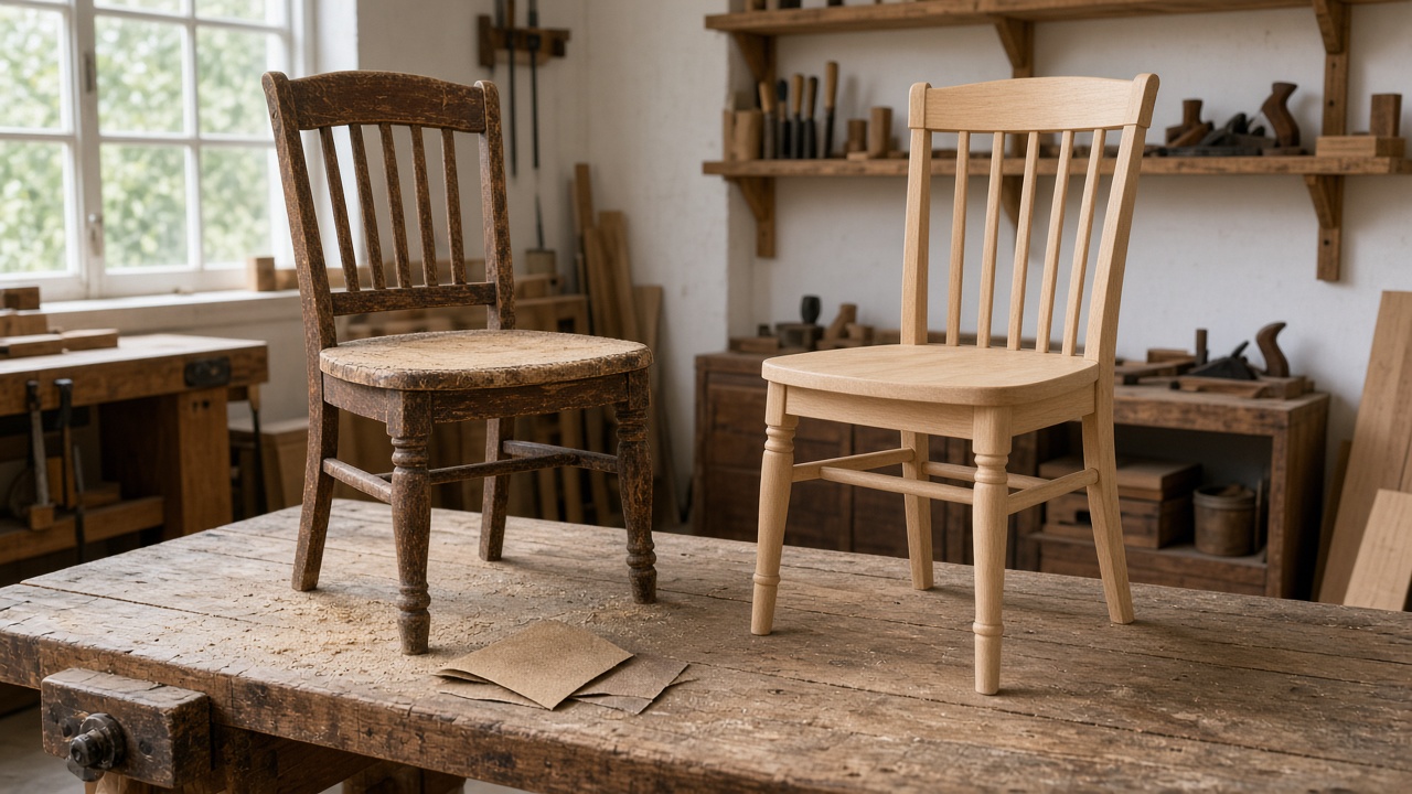 A worn wooden chair beside a new unmarked chair