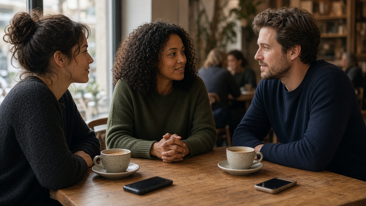 People talking at a table, with no screens visible