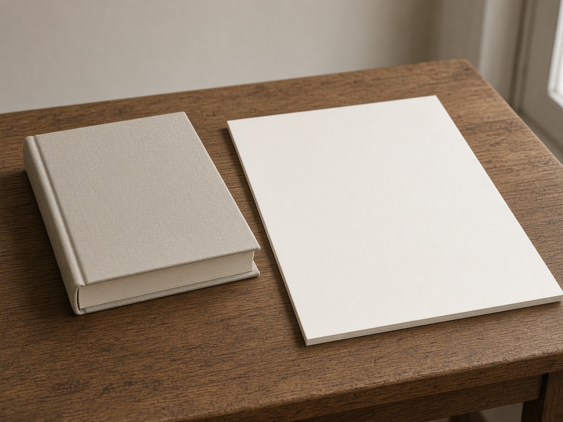 A closer view of a shut book next to an empty board