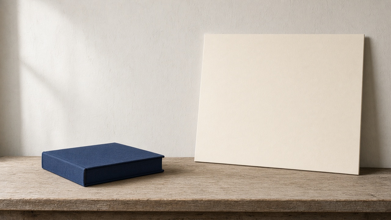 A closed book beside a blank poster board