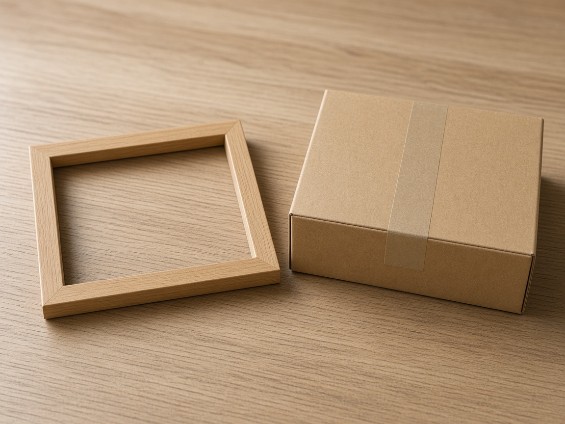 A closer view of an empty frame next to a sealed box