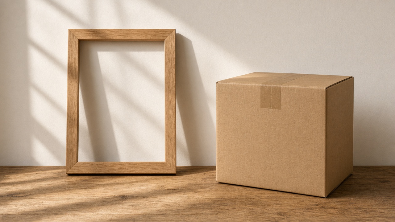 An empty picture frame beside a sealed plain box