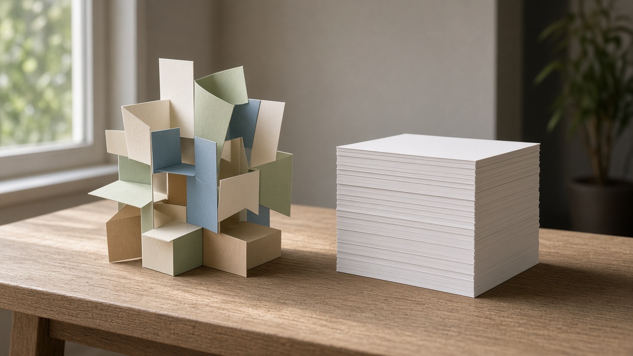 A handmade paper model beside a stack of identical blank sheets