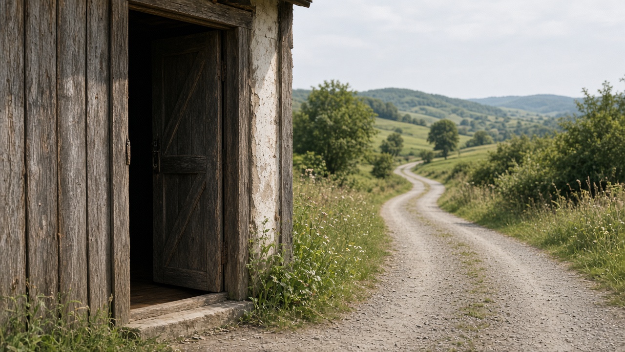 A familiar shop doorway beside an empty open road with no signs