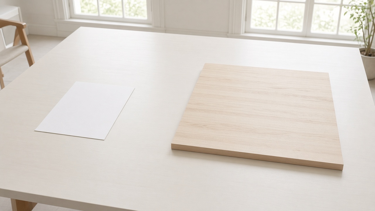One blank sheet beside a wide blank board