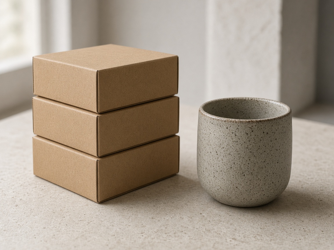 A closer view of identical boxes next to a handmade cup