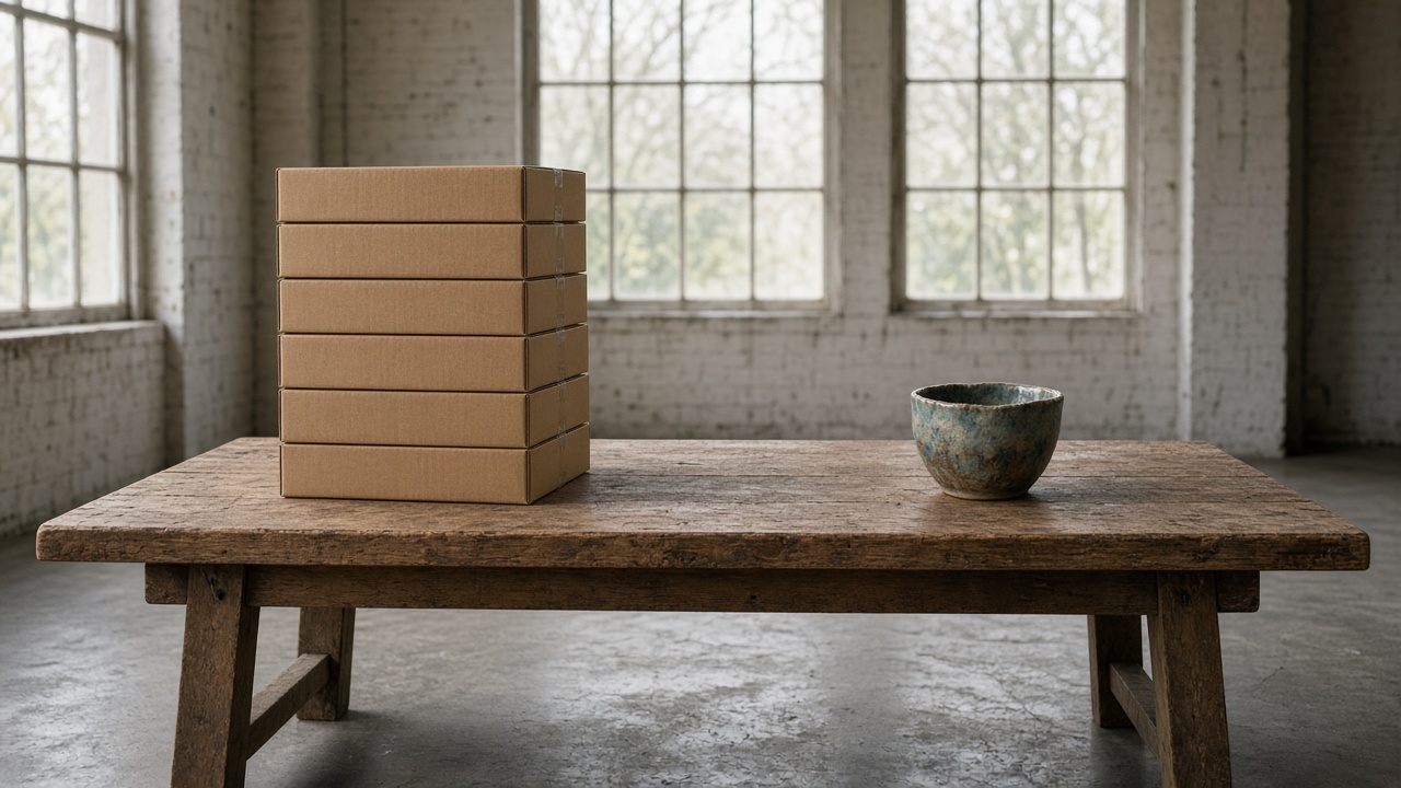 A stack of identical plain boxes beside one handmade clay cup
