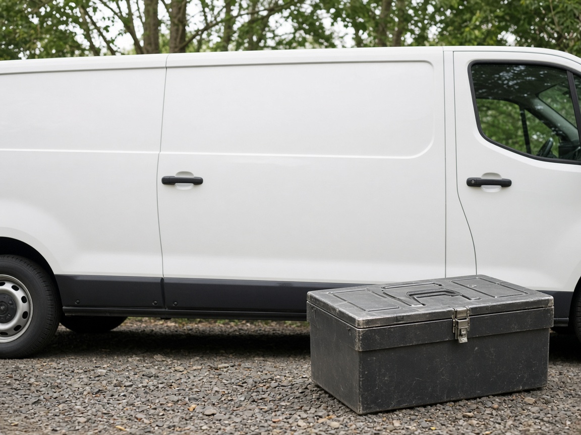A closer view of an unmarked van and a toolbox