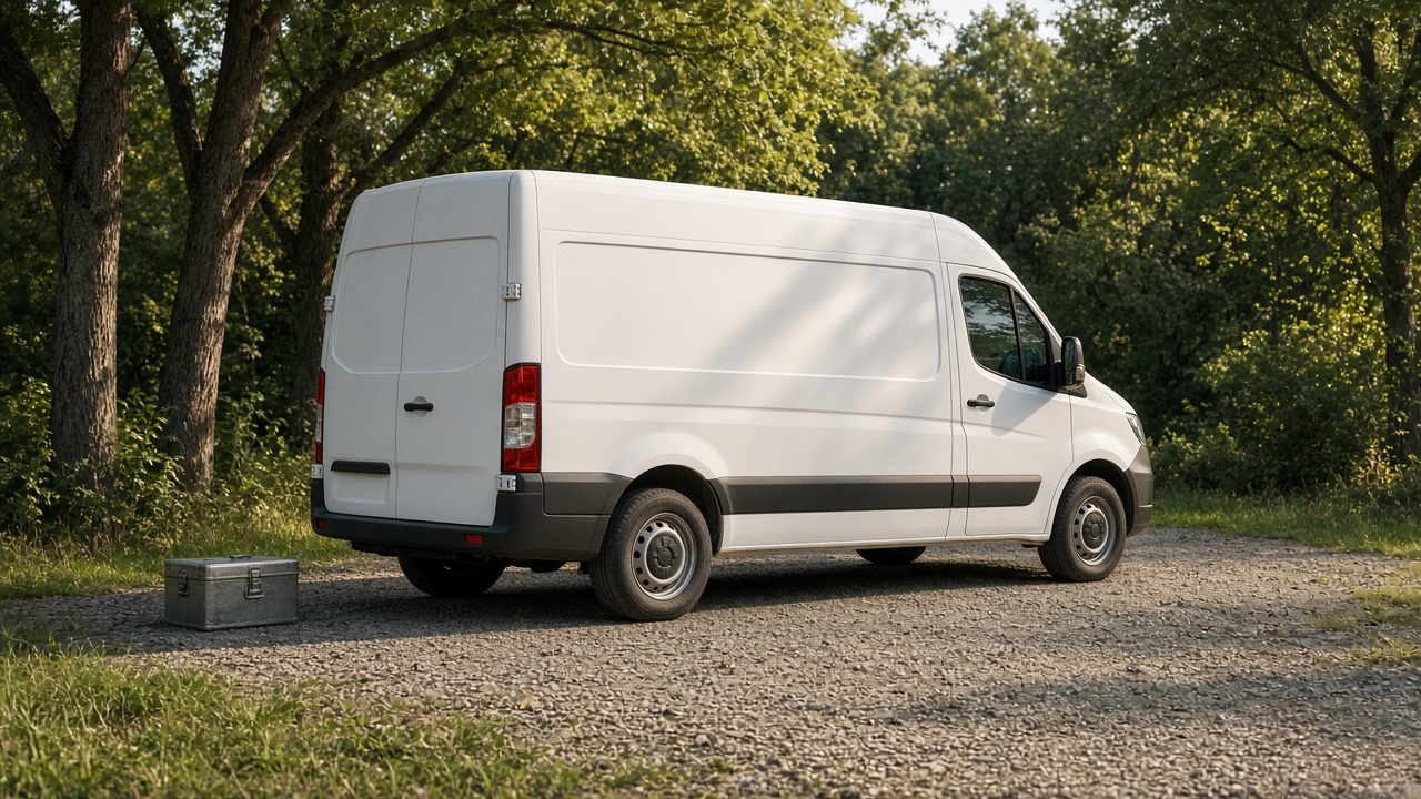 A plain white van with no lettering and a toolbox on the ground