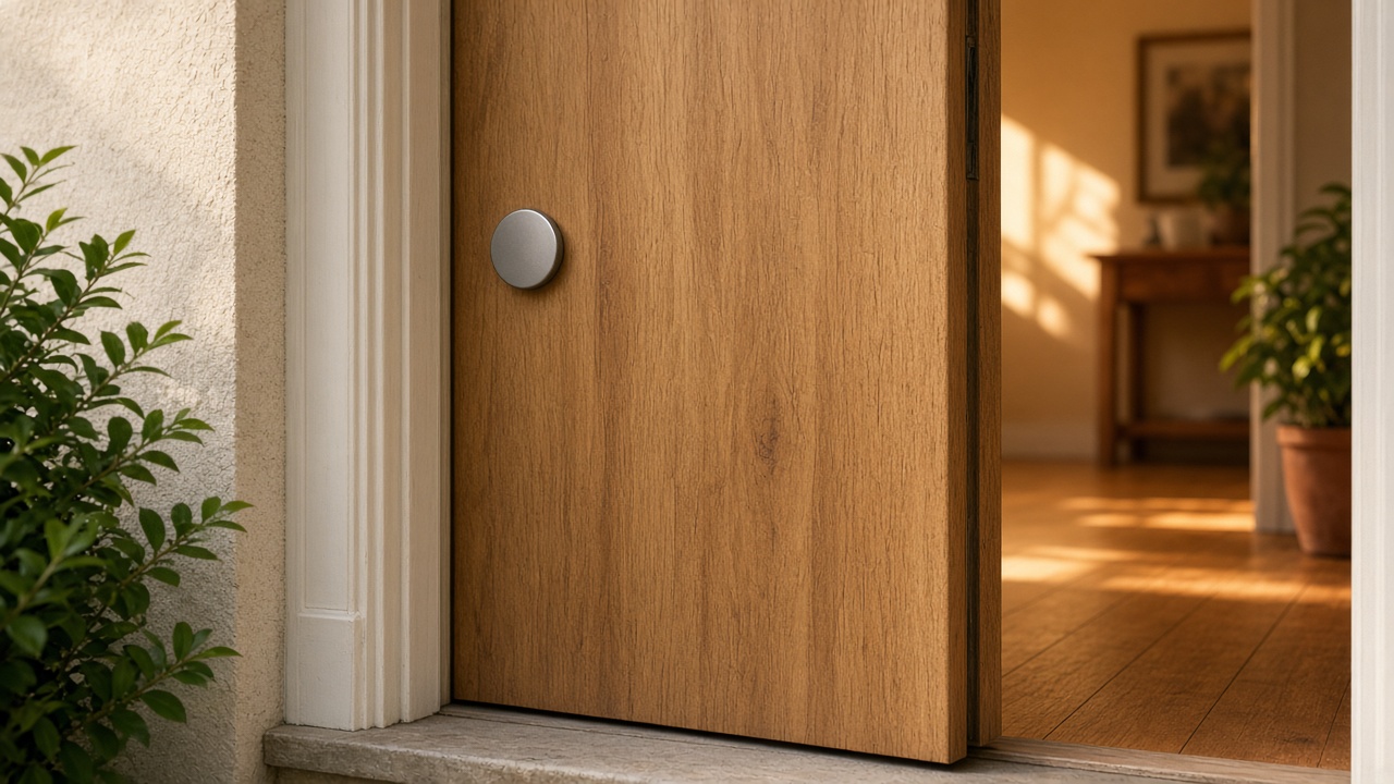 A plain doorbell on an otherwise unmarked door