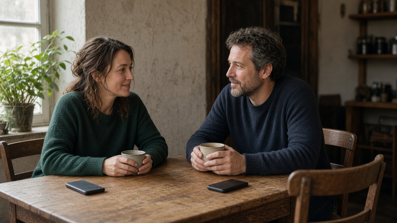 Two adults talking over coffee, with a third chair left empty