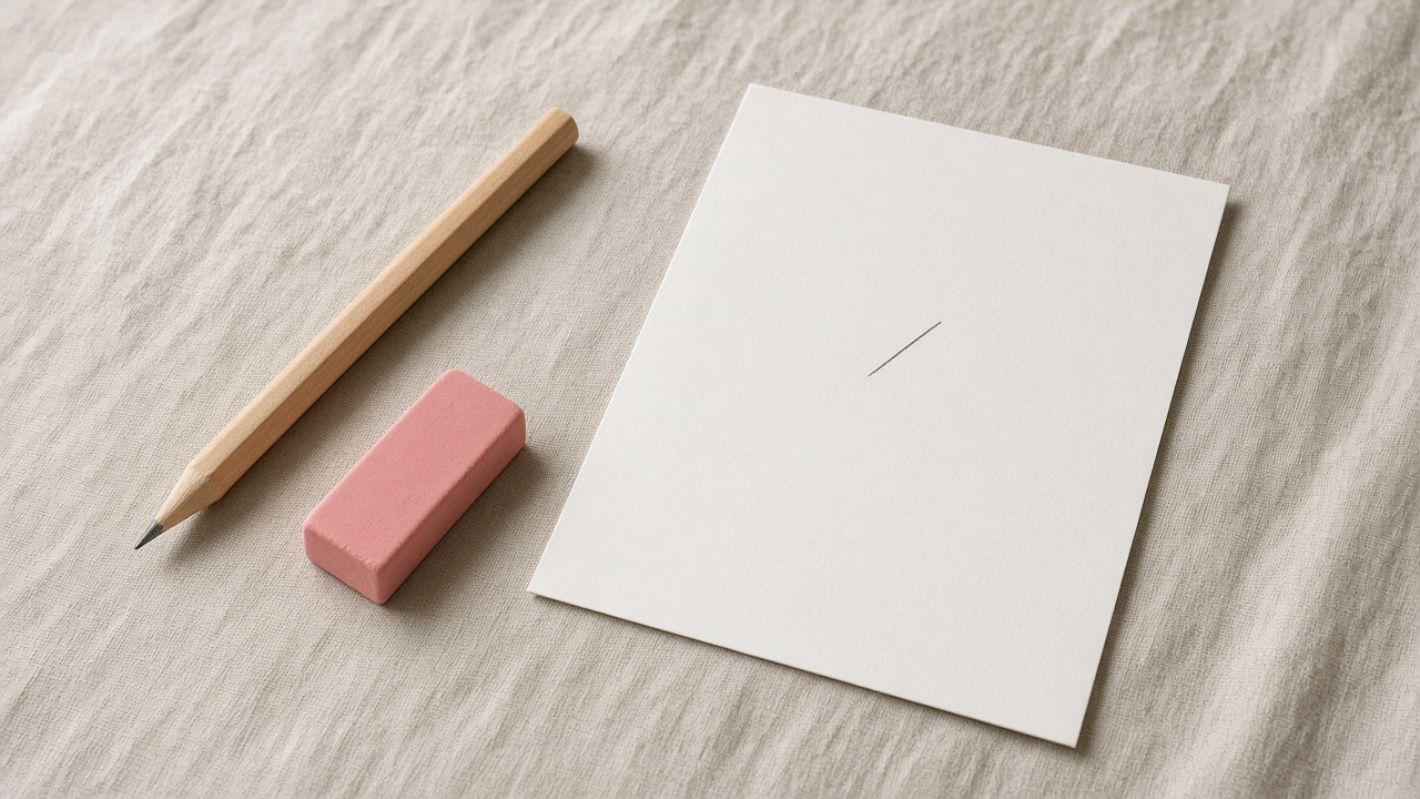A pencil and an eraser on a blank page with one faint graphite line that is not a letter