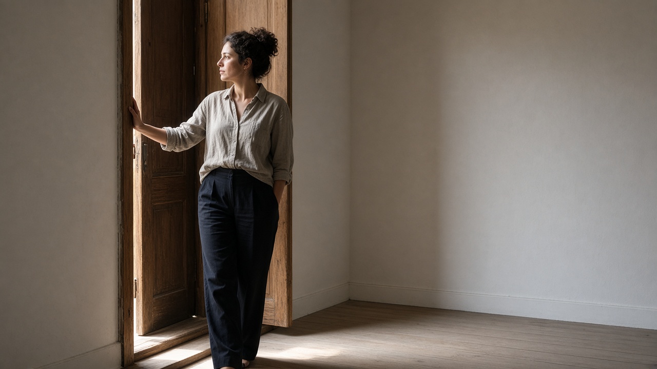 A person pausing in a doorway with one hand on the frame