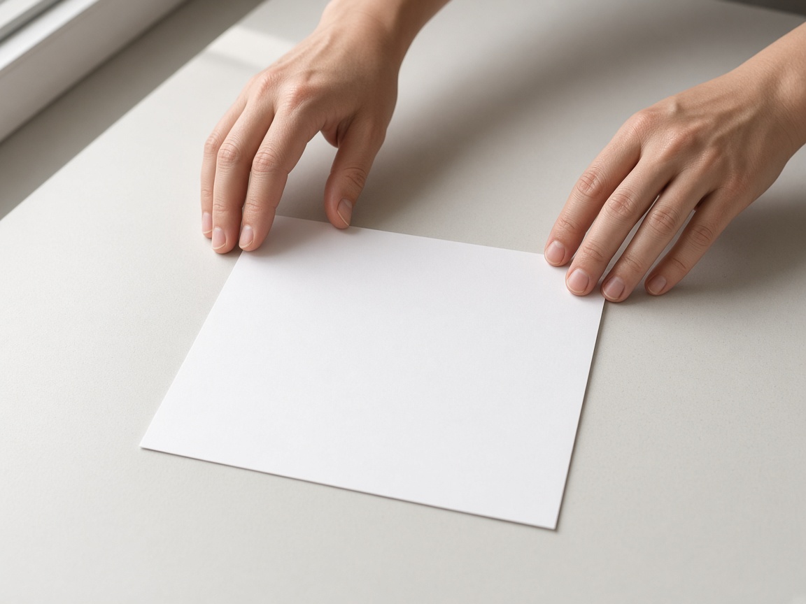 A closer view of fingers straightening one blank sheet