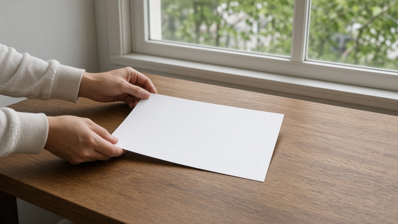 Hands aligning a single blank sheet on a wooden desk