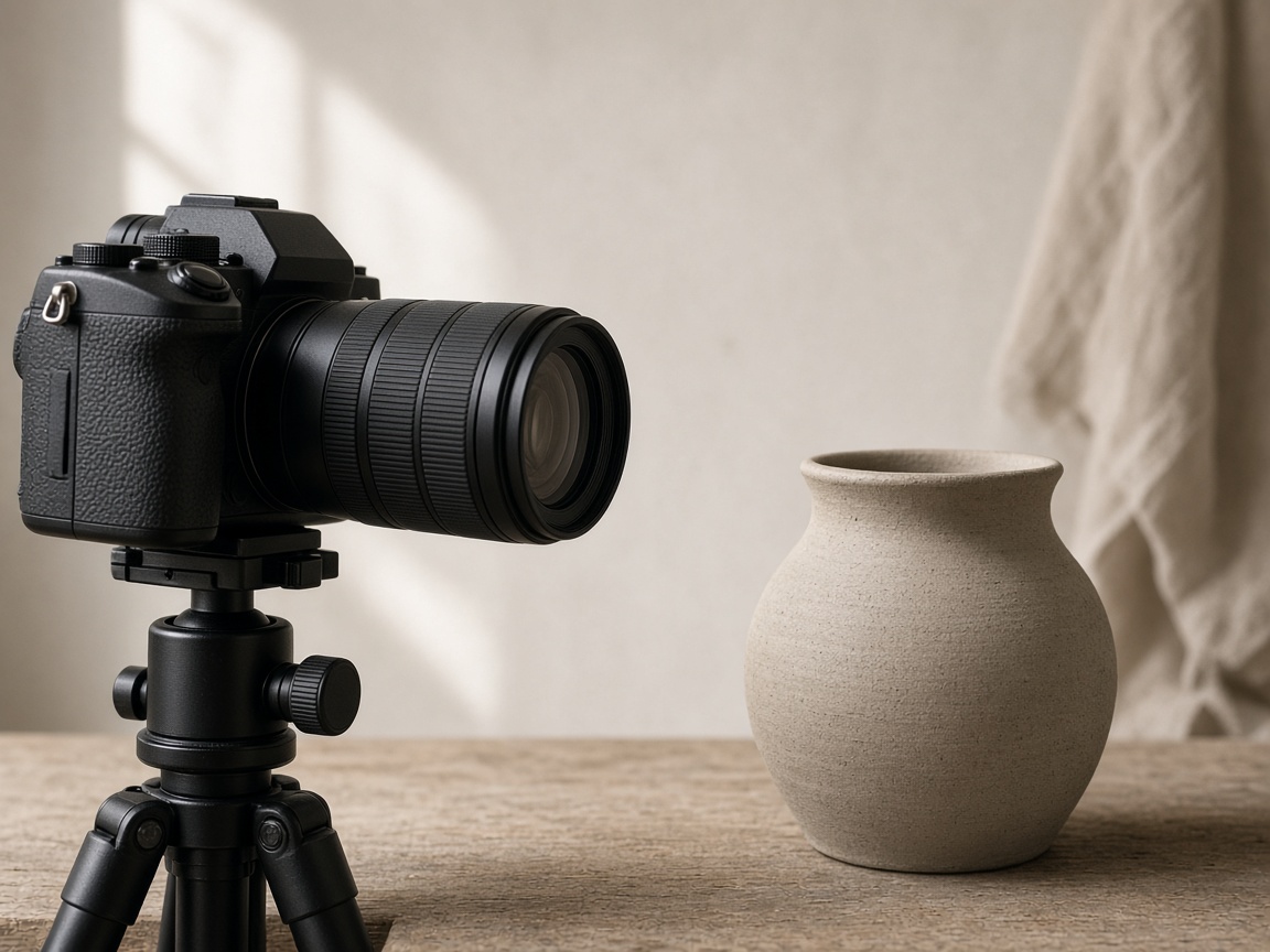 A closer view of a camera lens pointed at an unlabeled handmade object