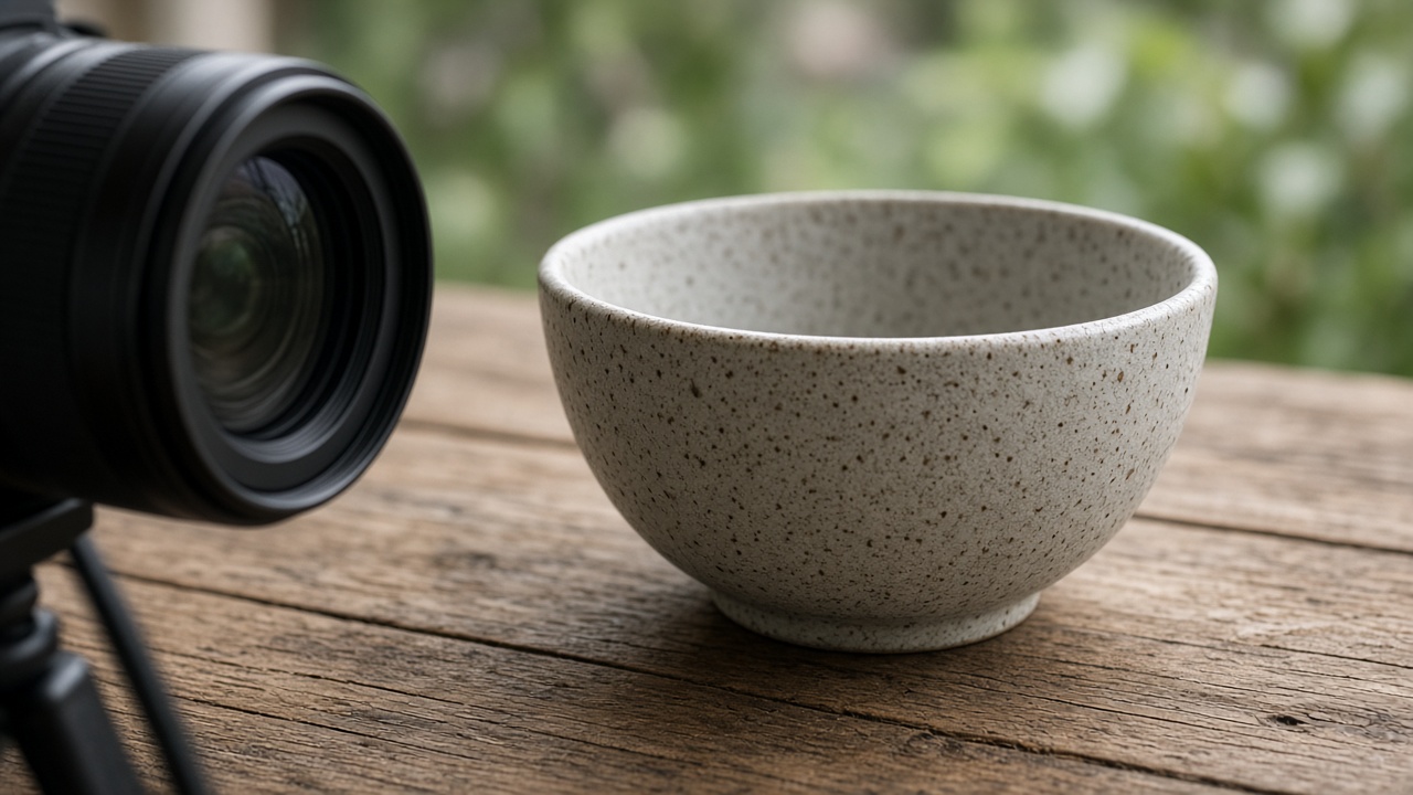 A camera on a tripod aimed at a handmade object with no label