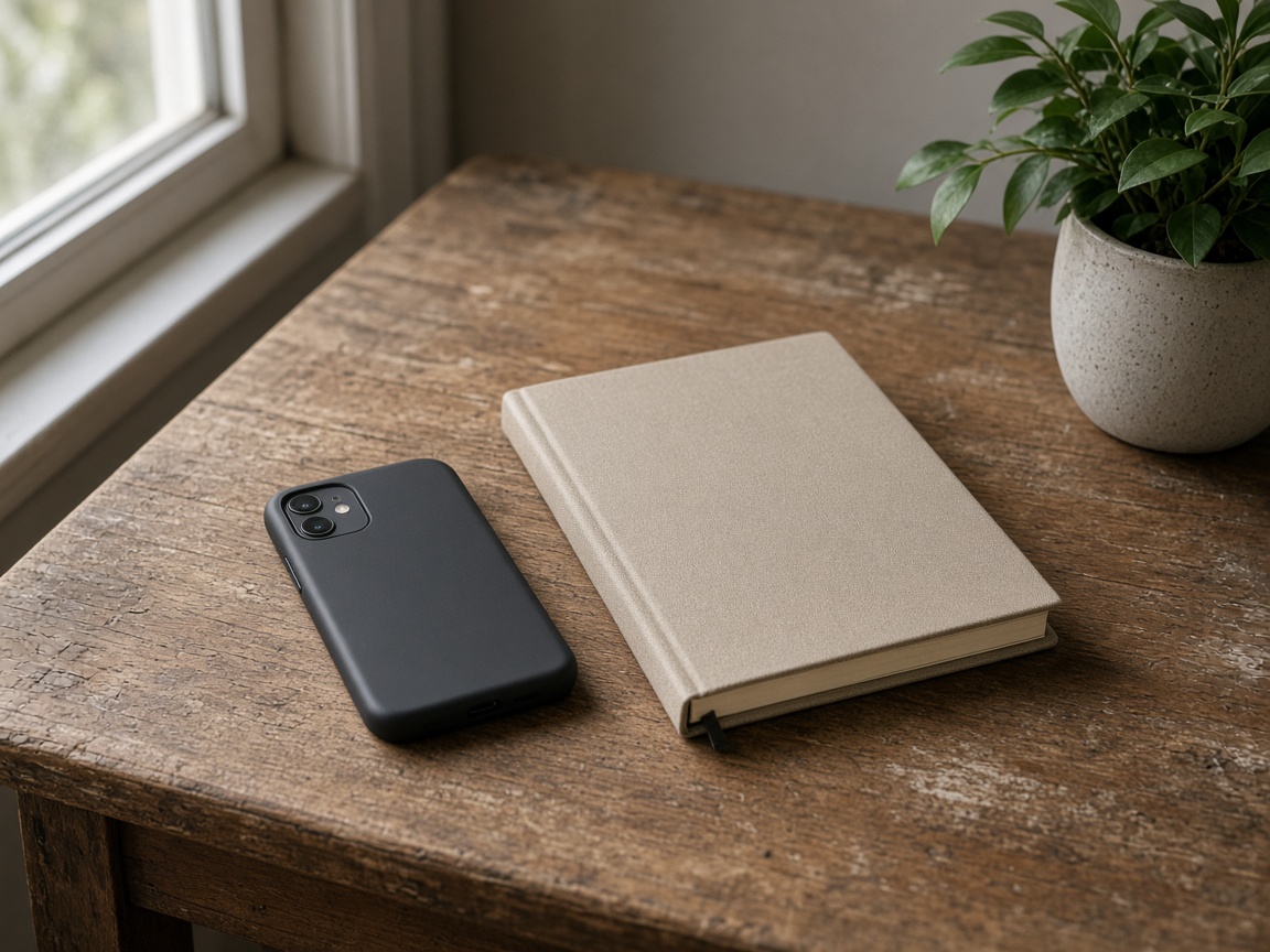 A closer view of a shut notebook beside a face-down phone