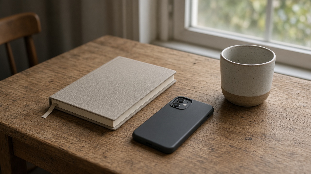 A closed notebook and a face-down phone on a tidy desk