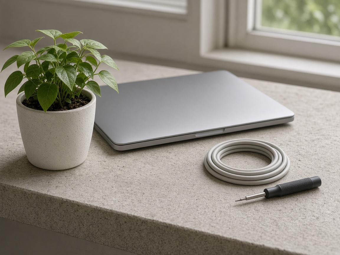 A closer view of a screwdriver beside a closed laptop