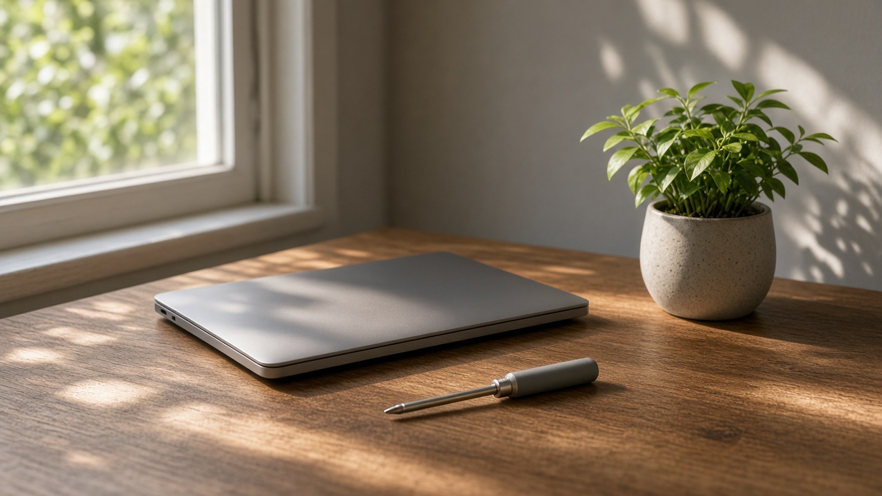 A closed laptop, a small screwdriver, and a plant on a desk