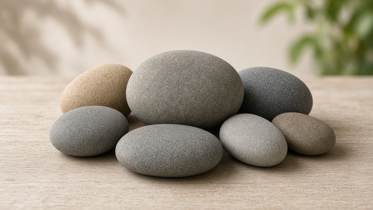Smooth unmarked stones grouped together on a wooden table