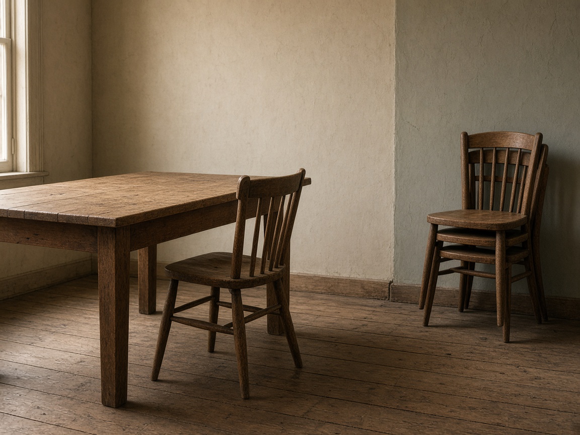 A closer view of a single chair at a table, with stacked chairs behind