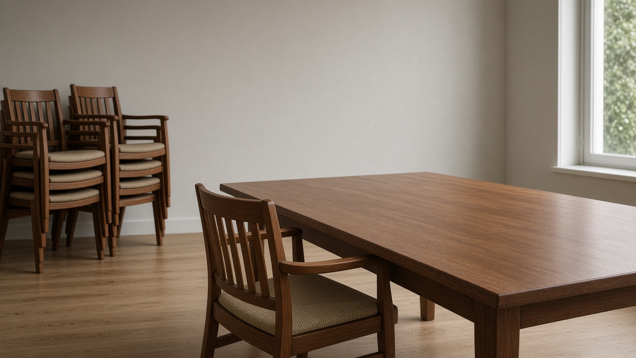 One chair pulled up to a table while the other chairs are stacked aside