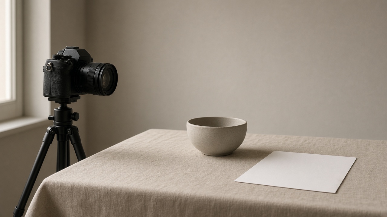 A camera on a tripod aimed at a plain object, with blank paper nearby
