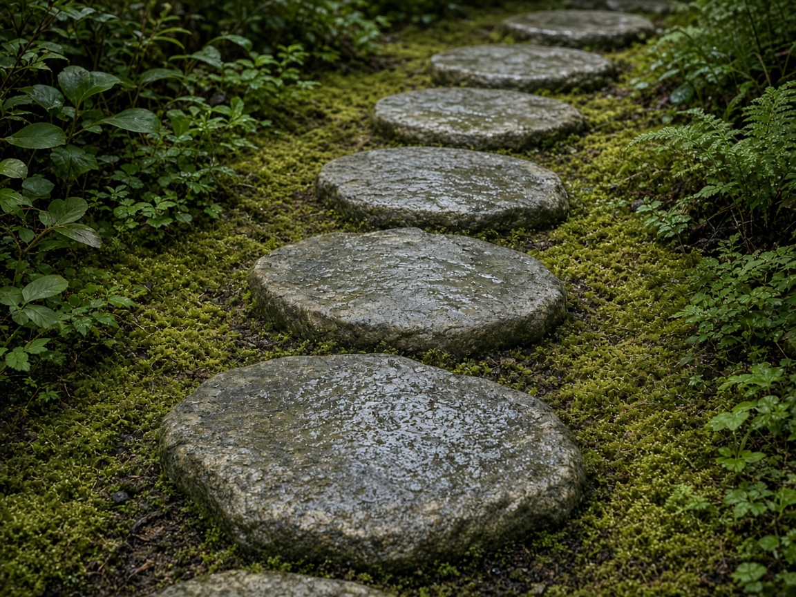 A closer view of unmarked stepping stones in a garden