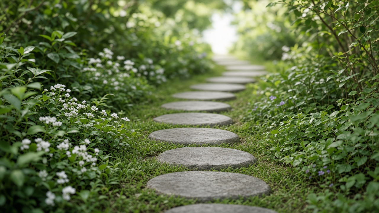 Plain stepping stones forming a path through a garden