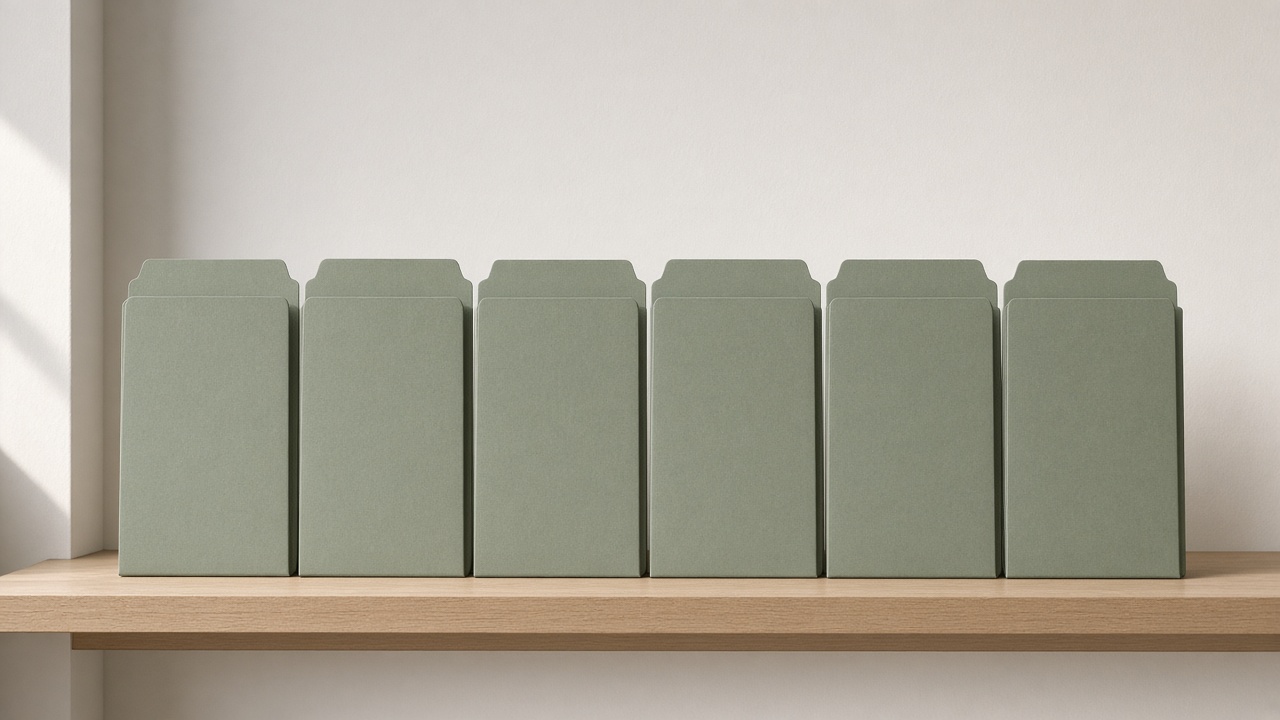 A row of matching plain colored folders, aligned on a desk