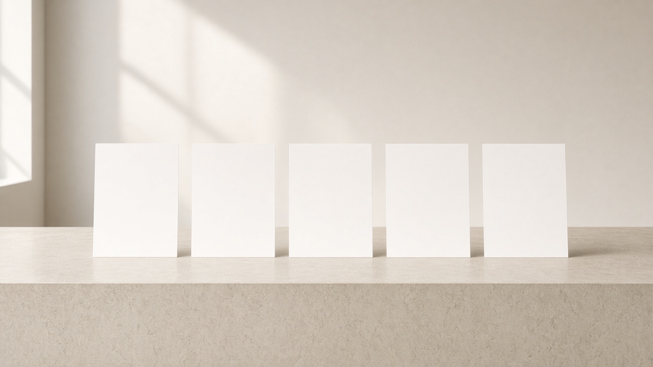 Several identical blank sheets lined up in a row on a table