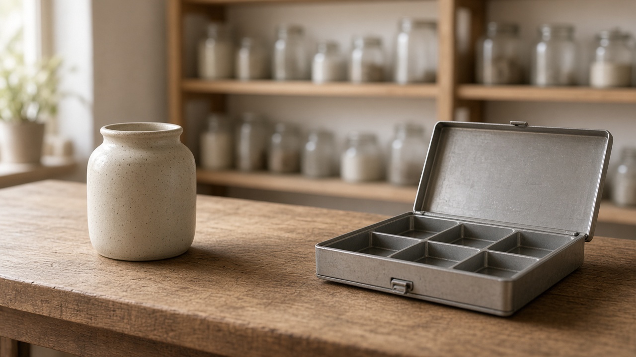 A wooden shop counter with one unlabeled ceramic piece and an empty tray