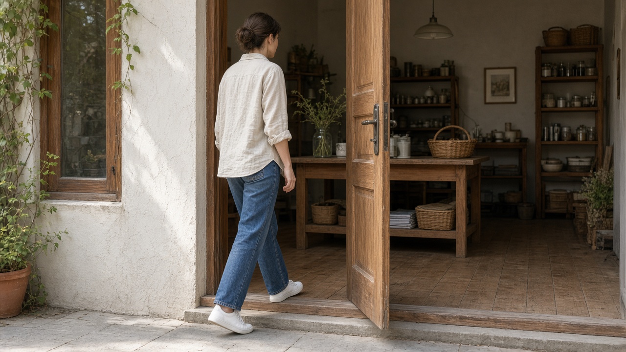 A person stepping back through a shop doorway that has no sign
