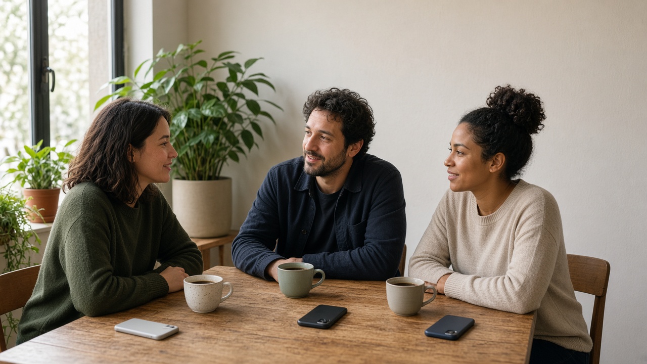 Three adults at a table with phones face down and coffee cups