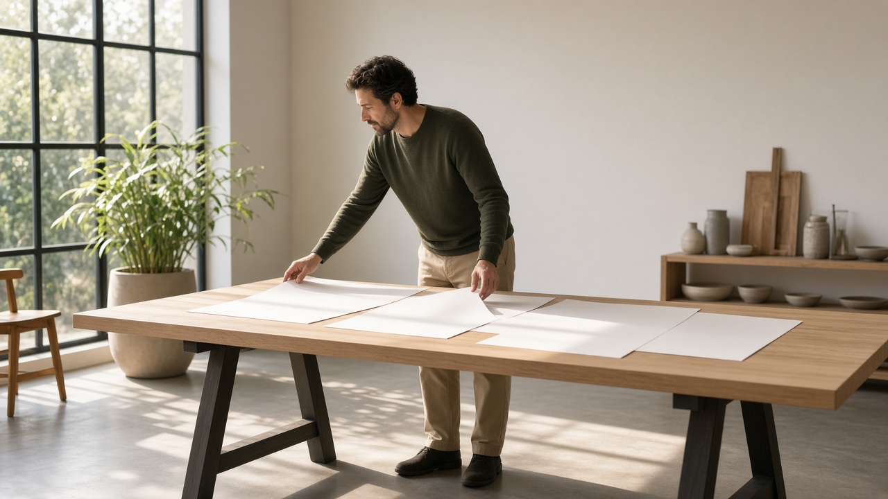 Large blank page sheets laid out on a table