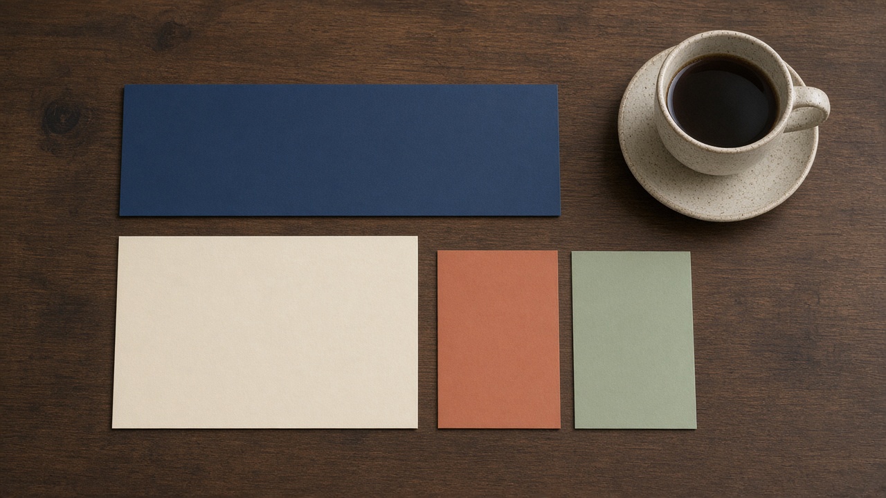 Blank colored paper rectangles arranged like a page on a wooden desk