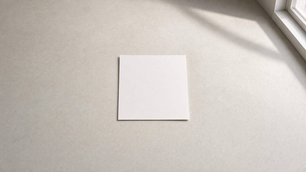 A single blank sheet centered on a large empty wooden table