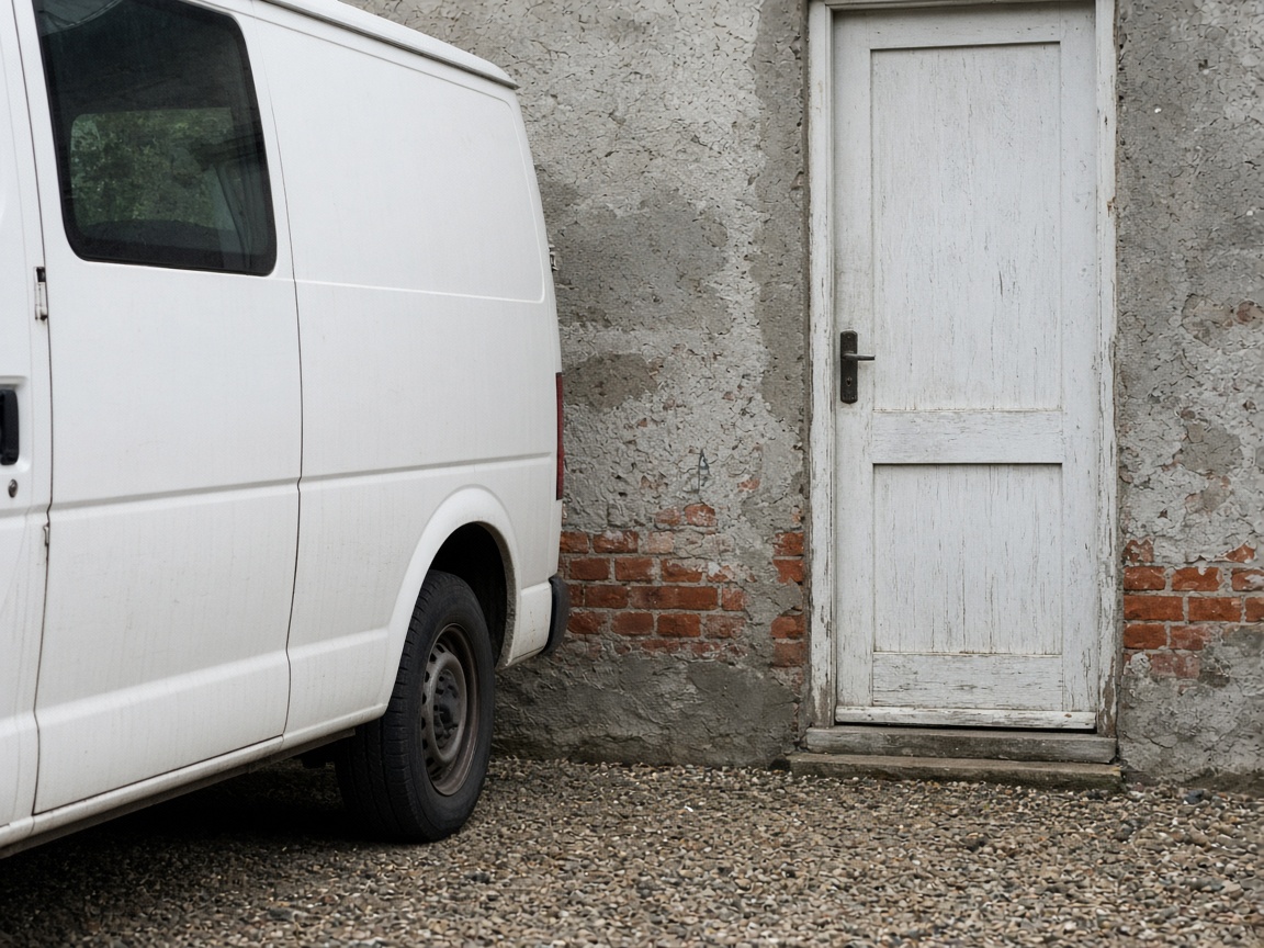 A closer view of an unmarked white van at an unsigned workshop door